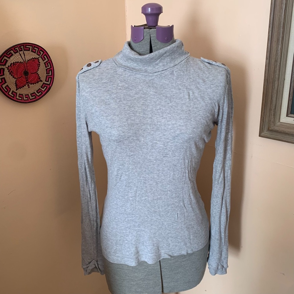 French Connection Gray Ribbed Turtleneck Sweater Epaulet Button Small